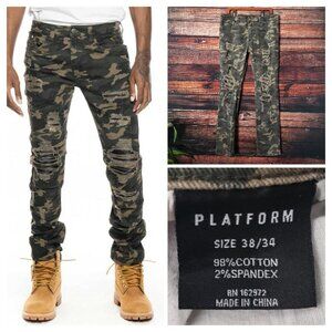 Platform 100 Jeans 38X32 Distressed Ripped Camouflage Slim Stretch Camo Mens